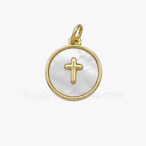 Copper Cross Pendant Pave Shell Circle Gold Plated