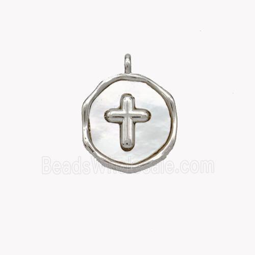 Copper Cross Pendant Pave Shell Circle Platinum Plated