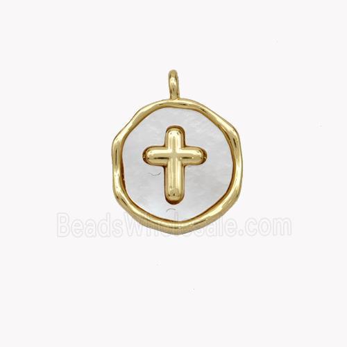 Copper Cross Pendant Pave Shell Circle Gold Plated