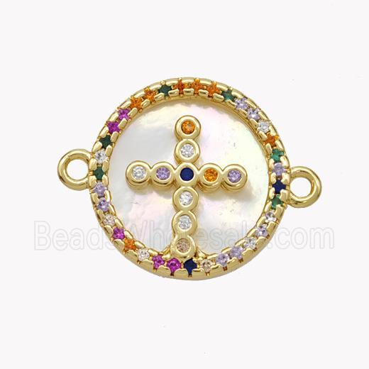 Copper Cross Connector Pave Shell Zirconia Circle 18K Gold Plated