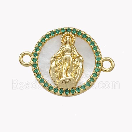 Copper Virgin Mary Connector Pave Shell Zirconia Circle 18K Gold Plated