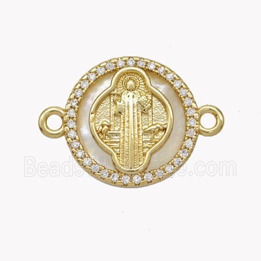 Copper Saint Jude Connector Pave Shell Zirconia Circle 18K Gold Plated
