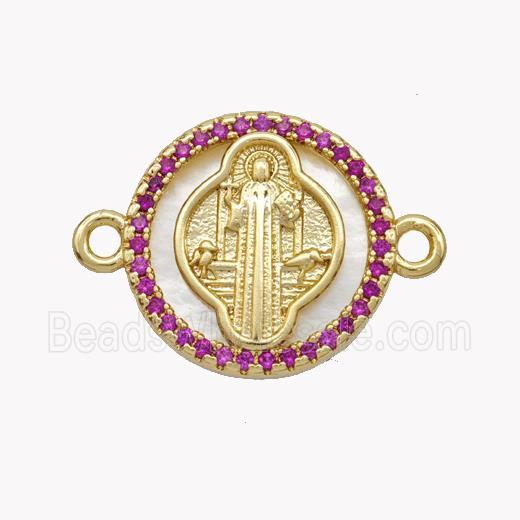 Copper Saint Jude Connector Pave Shell Zirconia Circle 18K Gold Plated