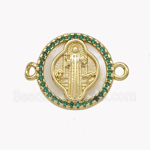 Copper Saint Jude Connector Pave Shell Zirconia Circle 18K Gold Plated