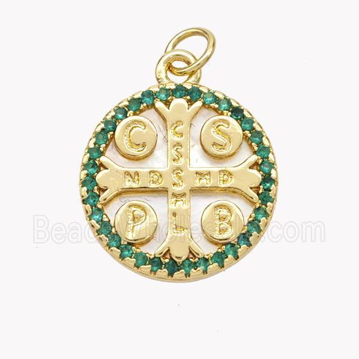Saint Bendict Charms Copper Cross Pendant Pave Shell Zirconia CSSML NDSMD 18K Gold Plated