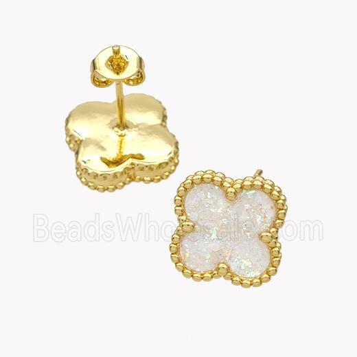 Copper Clover Stud Earrings Pave Fire Opal 18K Gold Plated