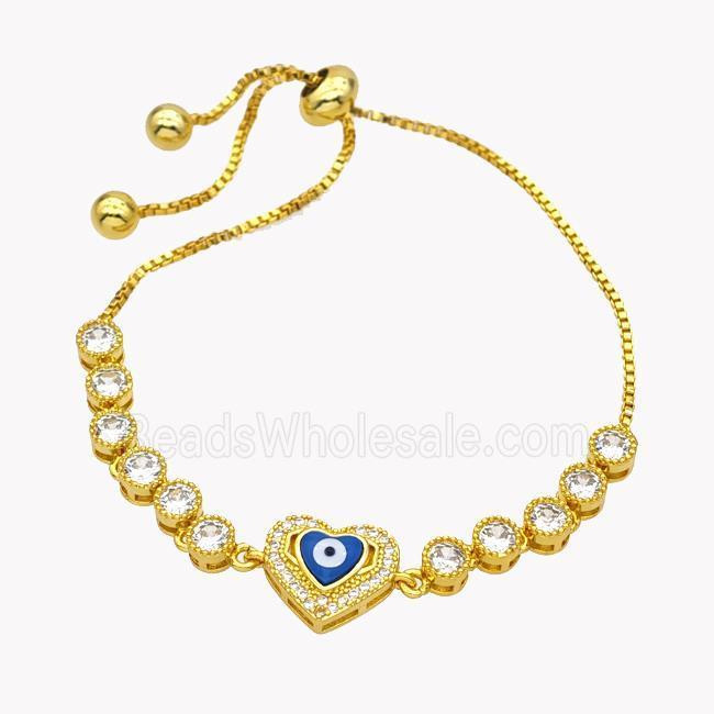 Copper Eveil Eye Heart Bracelet Pave Zirconia Adjustable 18K Gold Plated