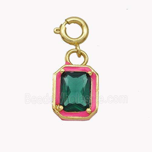 Copper Rectangle Pendant Pave Crystal Glass Red Enamel Gold Plated