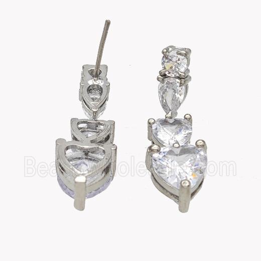Copper Heart Stud Earrings Pave Zirconia Platinum Plated