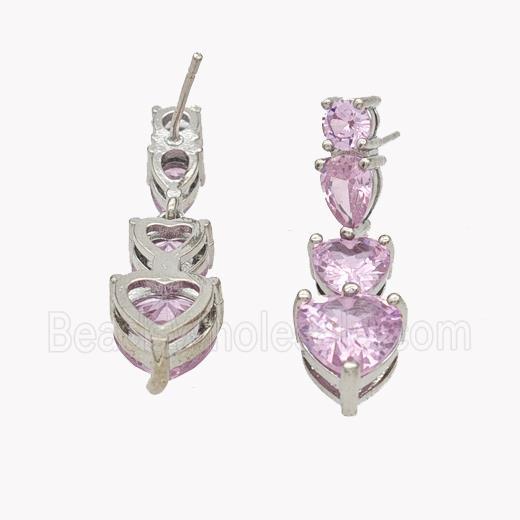 Copper Heart Stud Earrings Pave Zirconia Platinum Plated
