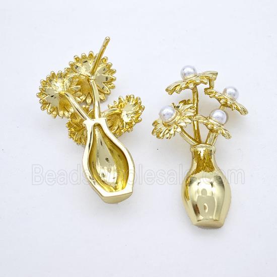 Copper Flower Stud Earrings Pave Pearlized Resin Plant Gold Plated