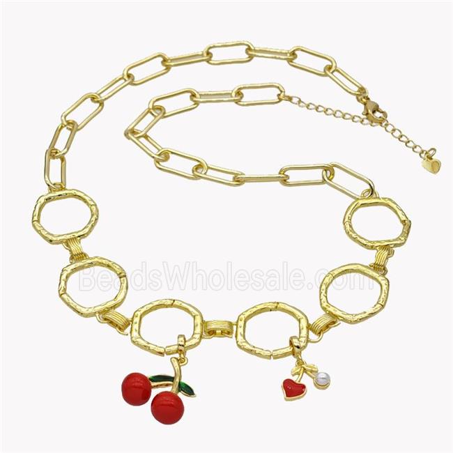 Copper Necklace With Cherry Red Enamel Gold Plated