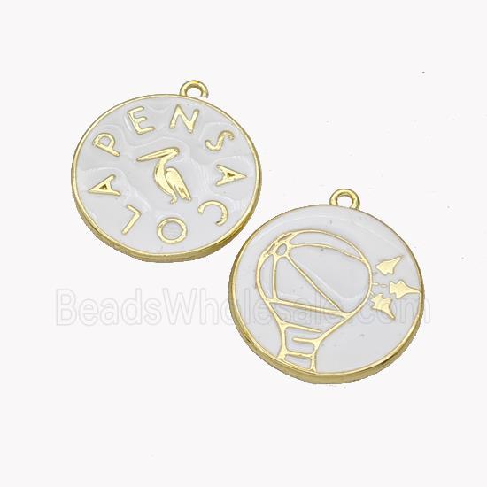 Copper Coin Pendant Crane Pensacola White Enamel Gold Plated