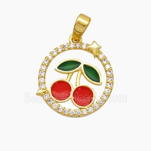 Copper Cherry Pendant Pave Zirconia Red Green Enamel Gold Plated