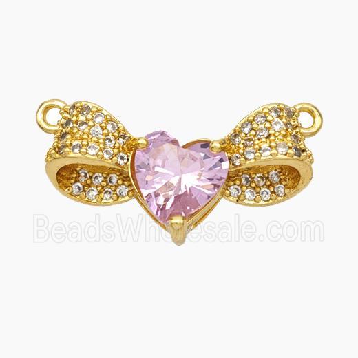 Copper Bow Heart Pendant Pave Pink Crystal Glass Zirconia 2loops Gold Plated