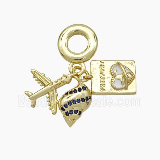 Copper Airplane Passport And Nautilus Shell Pendant Pave Zirconia Enamel Heart Gold Plated