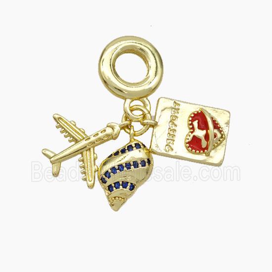 Copper Airplane Passport And Nautilus Shell Pendant Pave Zirconia Enamel Heart Gold Plated