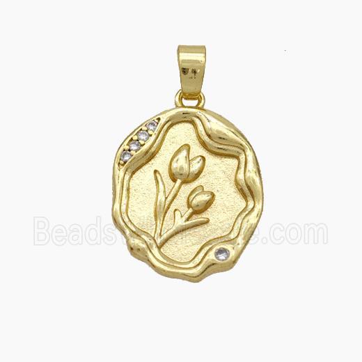 Copper Tulip Pendant Pave Zirconia Flower Gold Plated