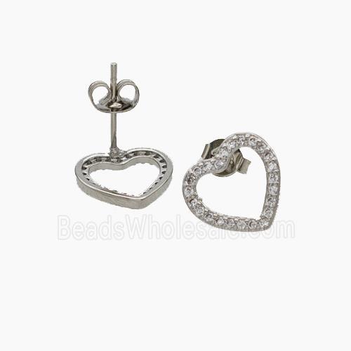 Copper Heart Stud Earrings Pave Zirconia Platinum Plated