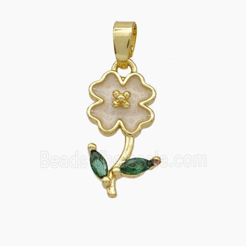 Copper Flower Pendant Pave Zirconia White Enamel Gold Plated