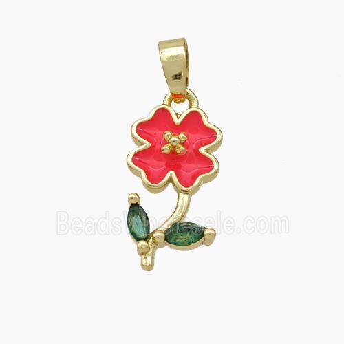 Copper Flower Pendant Pave Zirconia Red Enamel Gold Plated