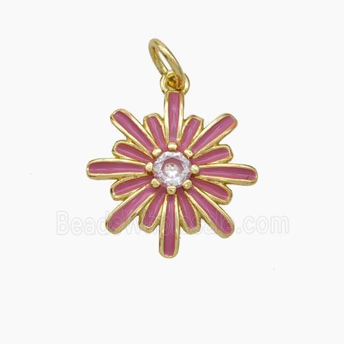 Copper Flower Pendant Pave Zirconia Pink Enamel Gold Plated