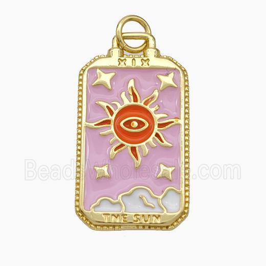 Copper Tarot Card Pendant Pink Enamel Sun Gold Plated