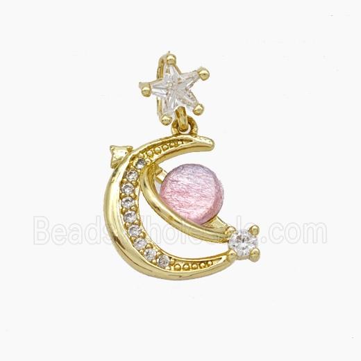 Copper Moon Pendant Pave Zirconia Acrylic Planet Gold Plated