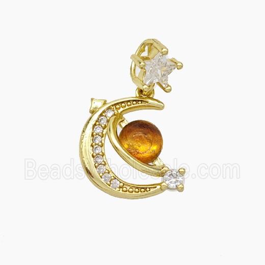 Copper Moon Pendant Pave Zirconia Acrylic Planet Gold Plated