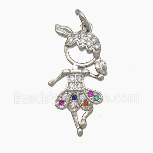 Copper Dancer Girls Pendant Pave Zirconia Platinum Plated