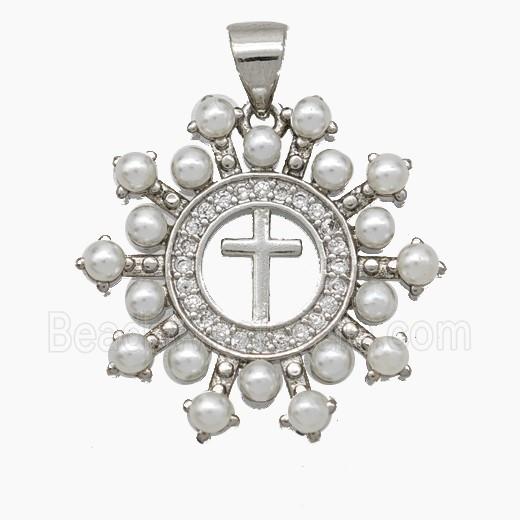 Copper Cross Pendant Pave Zirconia Pearlized Resin Platinum Plated