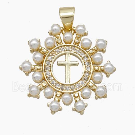 Copper Cross Pendant Pave Zirconia Pearlized Resin Gold Plated