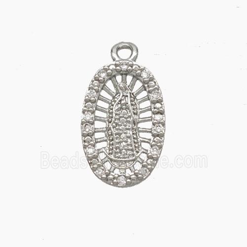 Virgin Mary Charms Copper Pendant Pave Zirconia Platinum Plated
