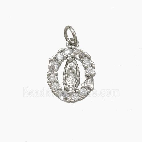 Virgin Mary Charms Copper Pendant Pave Zirconia Platinum Plated