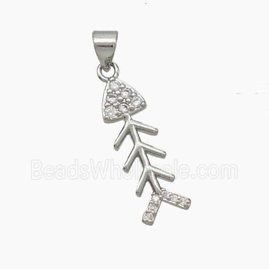 Copper Fishbone Pendant Pave Zirconia Platinum Plated