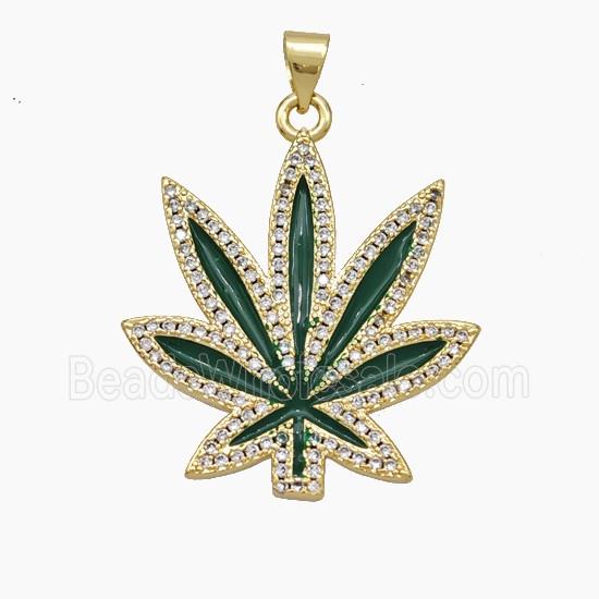 Copper Maple Leaf Pendant Pave Zirconia Green Enamel Gold Plated