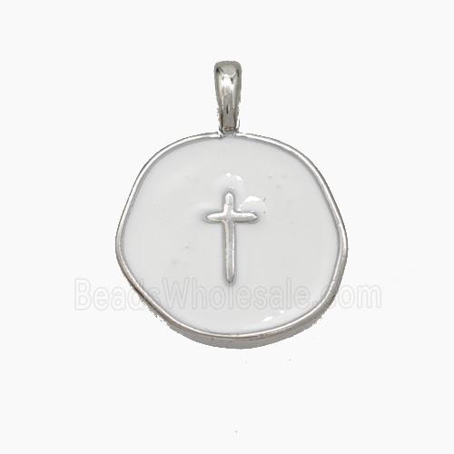Copper Circle Cross Pendant White Enamel Platinum Plated