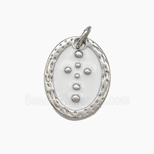 Copper Oval Pendant Cross White Enamel Platinum Plated
