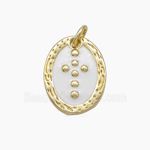 Copper Oval Pendant Cross White Enamel Gold Plated
