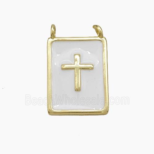 Copper Cross Rectangle Pendant White Enamel Gold Plated