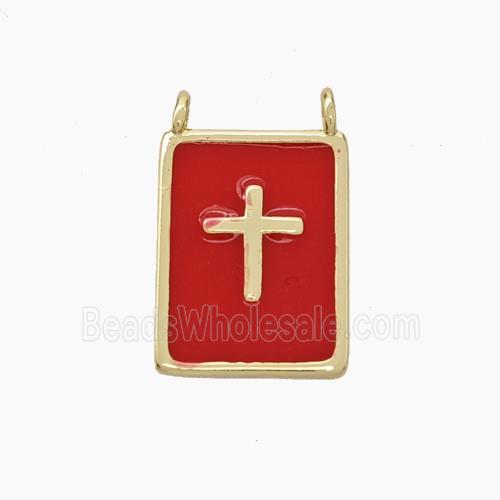 Copper Cross Rectangle Pendant Red Enamel Gold Plated