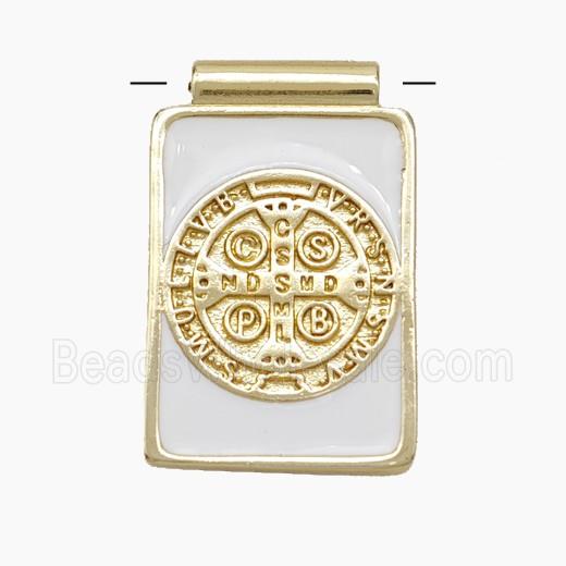 Copper Religious Medal Pendant CSPB Rectangle White Enamel Gold Plated
