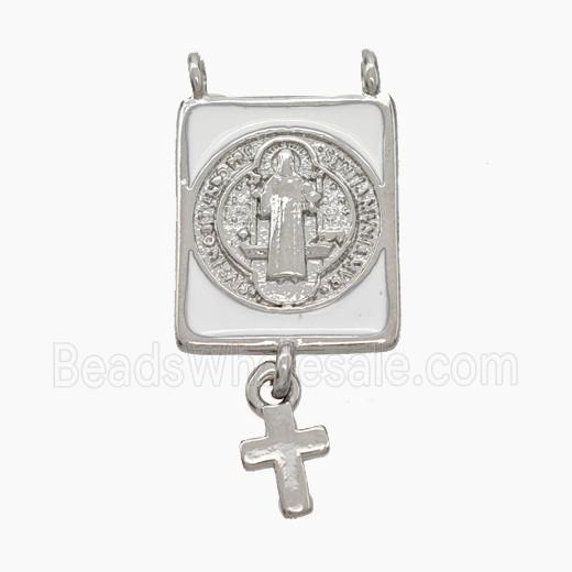 Copper Jesus Pendant White Enamel Rectangle Cross 2loops Platinum Plated