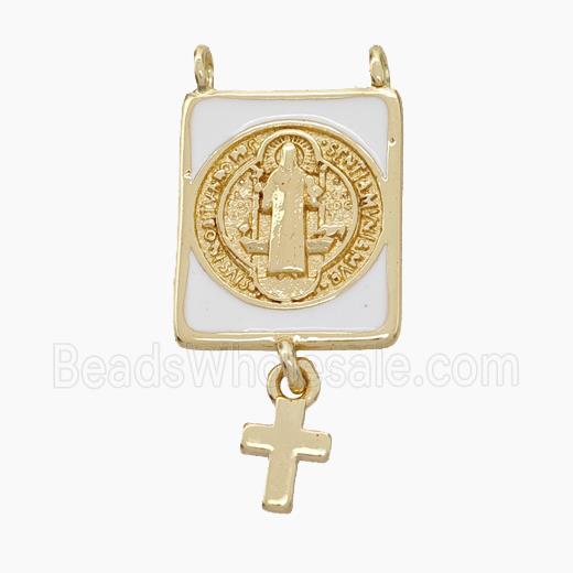 Copper Jesus Pendant White Enamel Rectangle Cross 2loops Gold Plated