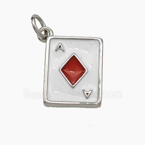 ACE of Diamonds Playing Card Copper Pendant White Red Enamel Platinum Plated