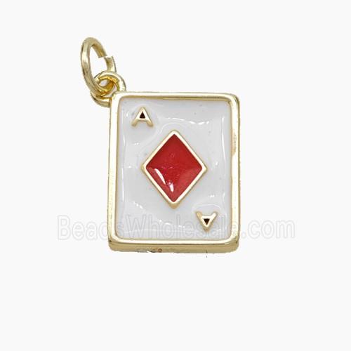 ACE of Diamonds Playing Card Copper Pendant White Red Enamel Gold Plated