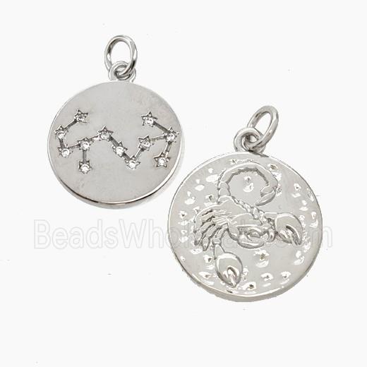 Copper Circle Pendant Pave Zirconia Zodiac Scorpio Platinum Plated