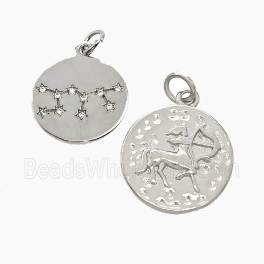 Copper Circle Pendant Pave Zirconia Zodiac Sagittarius Platinum Plated