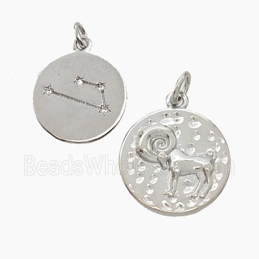 Copper Circle Pendant Pave Zirconia Zodiac Capricorn Platinum Plated