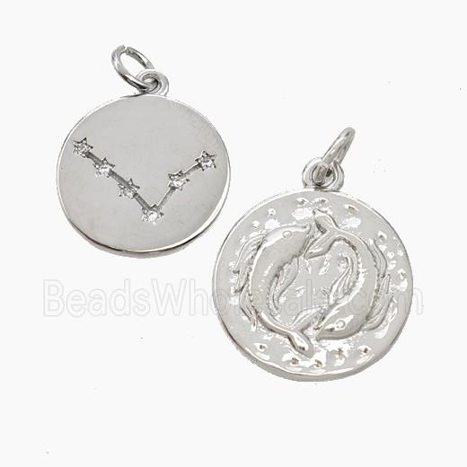 Copper Circle Pendant Pave Zirconia Zodiac Pisces Platinum Plated